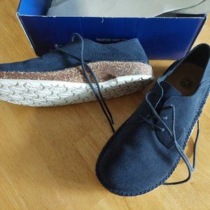 New & Rare Navy Suede Leather "Gary" Birkenstock Tie Shoes, 41/L10 M8 Narrow